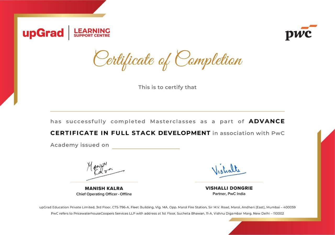 Sample Add-on PwC Academy Completion Certificate for Certificate in Full Stack Development