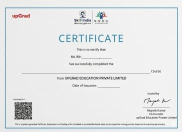 Sample NSDC Course Completion Certificate for Certificate in Full Stack Development