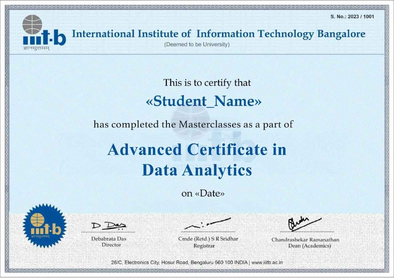 Sample Add-on IIIT-B Certificate for Gen AI-powered Data Analytics