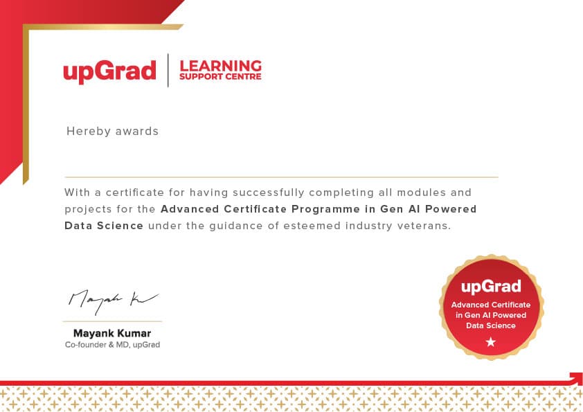 Sample Advanced Certificate in Gen AI-Powered Data Science and AI-ML for Gen AI-powered Data Science with Machine Learning