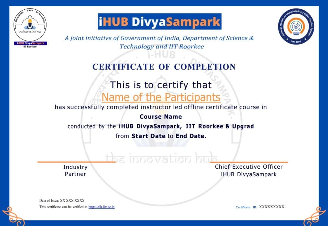 Sample Certification by iHUB DivyaSampark, IIT Roorkee for Data Science & AI ML Course with iHUB DivyaSampark, IIT Roorkee